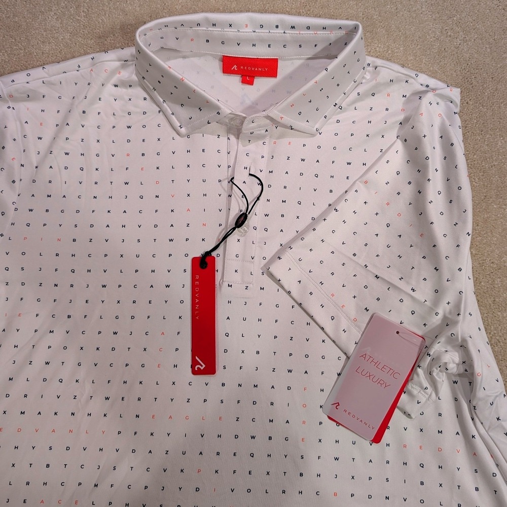 REDVANLY Mens The Times Polo Shirt Bright White Alphabet Print R2507 Large NWT